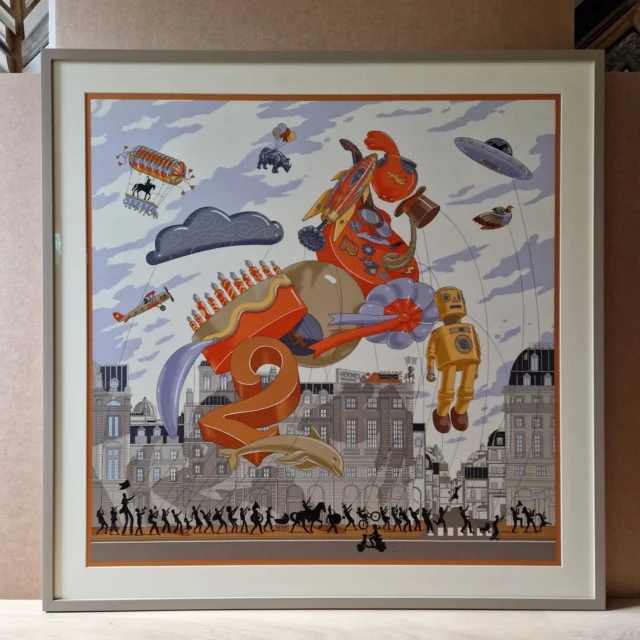 Carré Hermès "Parade", soie 90 x 90 cm tendue et traitée en œuvre d'art avec passe-partout et verre anti-reflets/anti-UV. 
#artisandart #artisanatfrancais #madeinfrance🇫🇷 #madeinmontreuil #bespokeframing #artglass #surmesure #ville_montreuil #ateliermontreuil #savoirfairefrancais